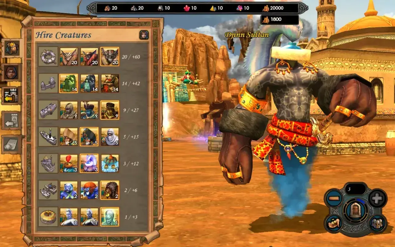 Menu "Hire Creatures" z gry Heroes 5 spolszczenie. Widoczny Djinn Sultan i dostępne jednostki do rekrutacji.