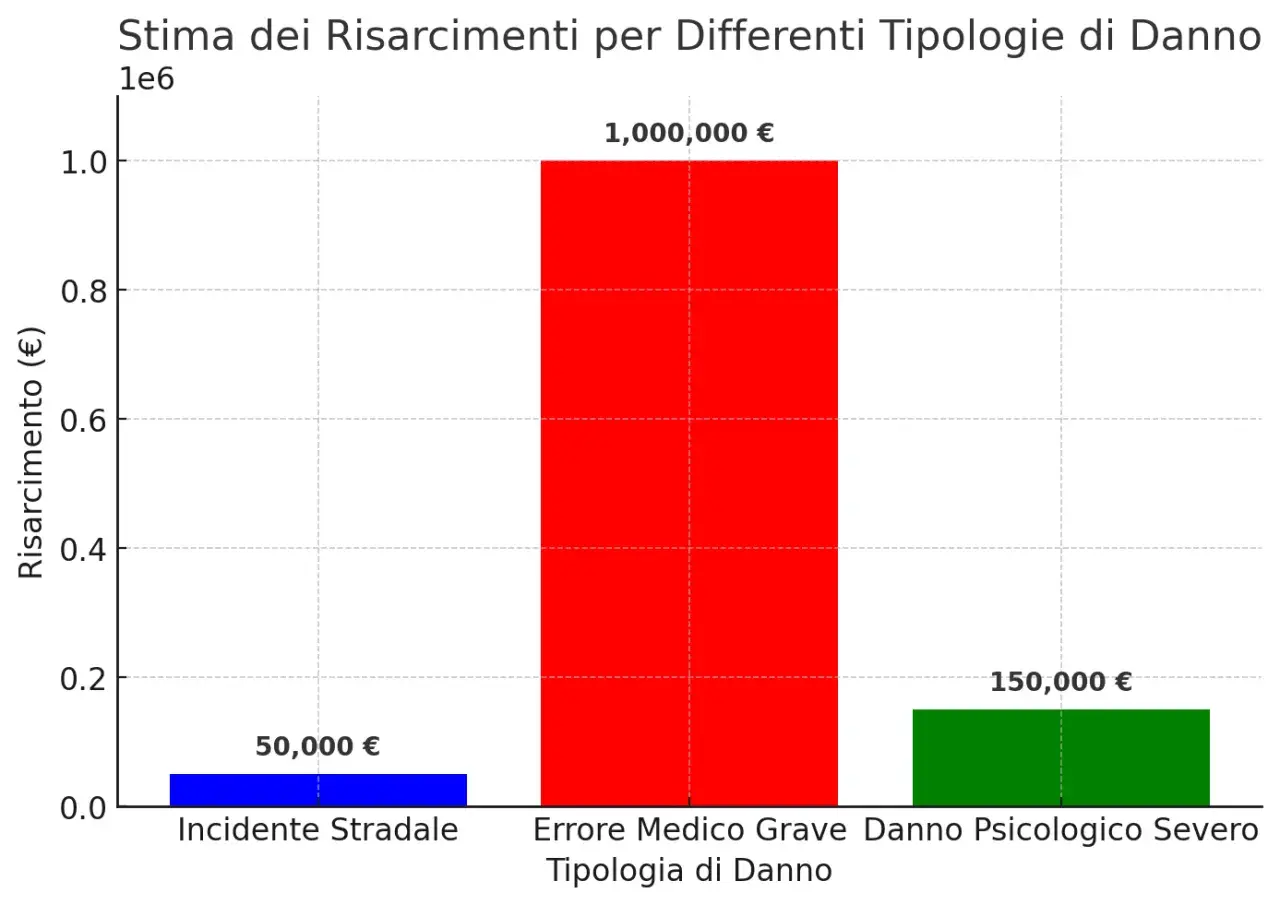 Grafico a barre: Incidente Stradale (50.000€), Errore Medico Grave (1.000.000€), Danno Psicologico Severo (150.000€). Utile per un ricorso INAIL danno biologico.