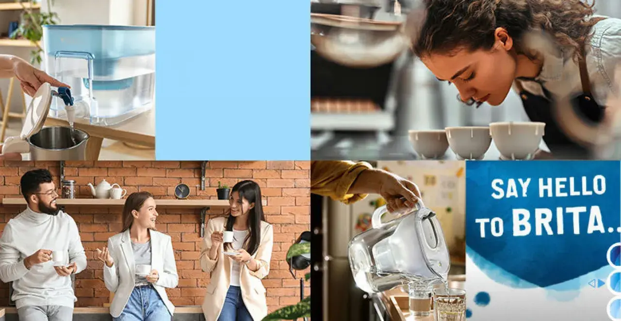 En kvinna häller vatten från en Brita-kanna, som minskar vatten hårdhet. Bilden visar också människor som dricker kaffe och en kvinna som doftar på kaffebönor.