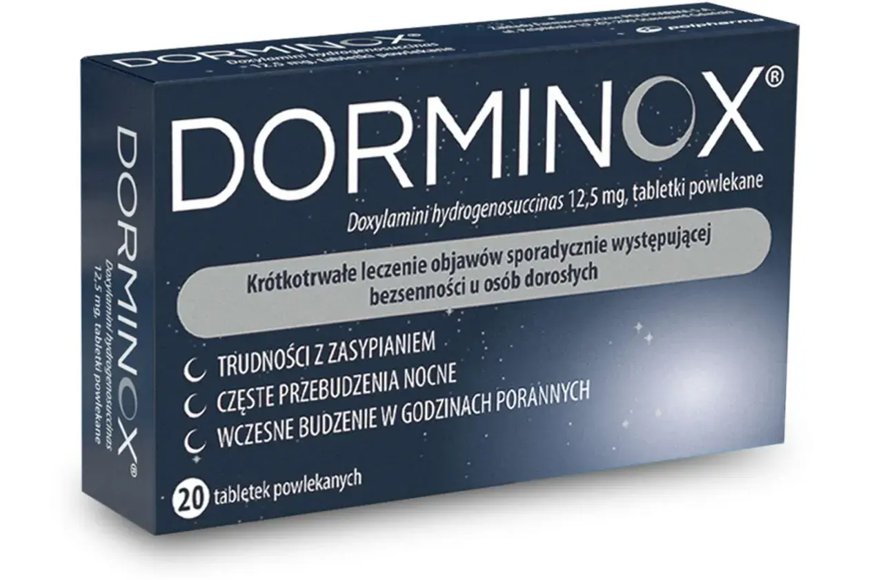 Opakowanie leku Dorminox, który pomaga na bezsenność. Zawiera 20 tabletek powlekanych.