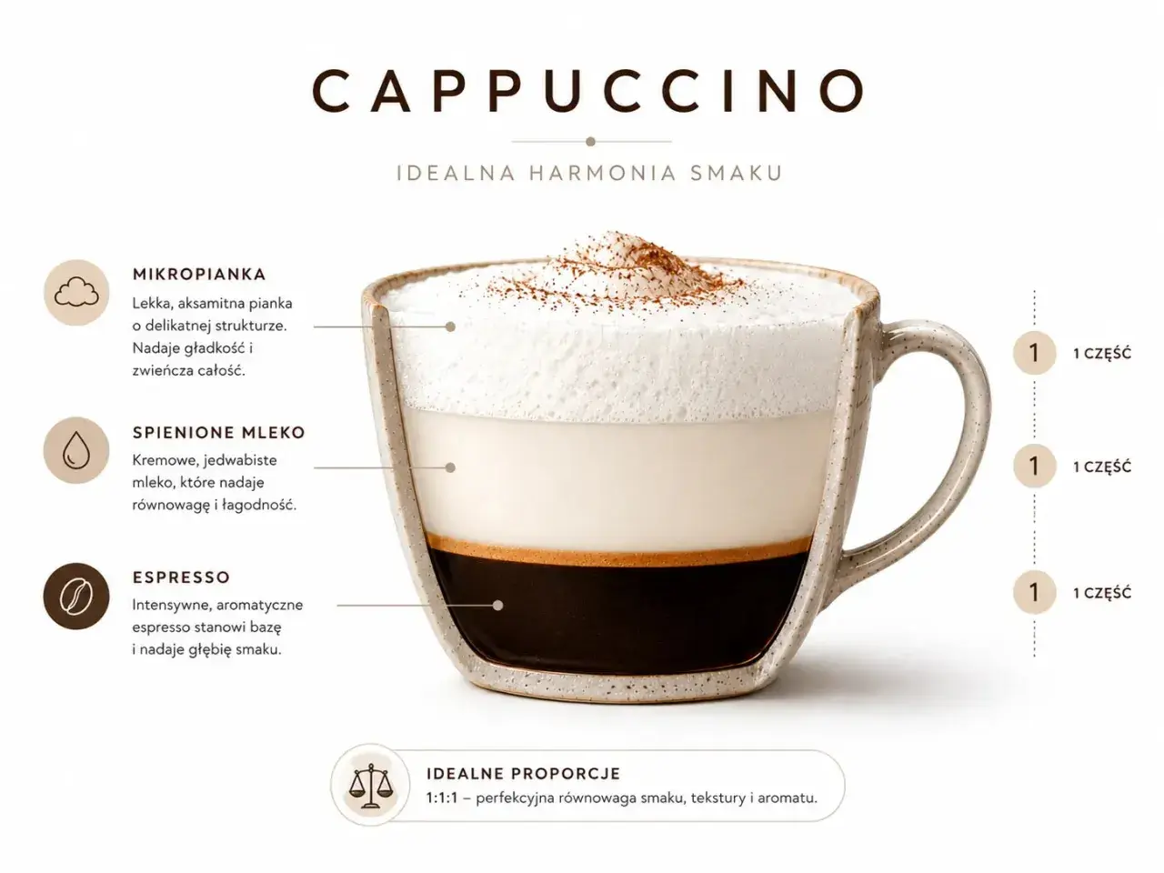 Idealne proporcje cappuccino: 1:1:1 espresso, spienione mleko i mikropianka tworzą harmonię smaku.