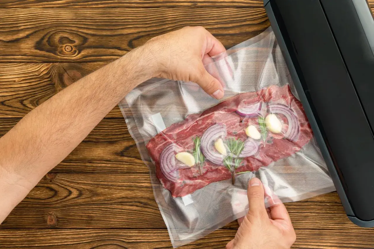 Mięso z cebulą i czosnkiem w woreczku do pakowania próżniowego. Czy można mrozić produkty pakowane próżniowo? Tak, to świetny sposób na zachowanie świeżości.
