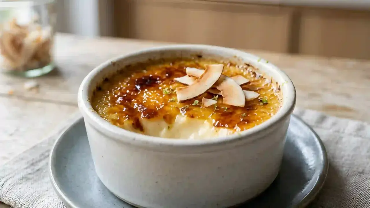Crème brûlée avec une croûte caramélisée dorée, garnie de copeaux de noix de coco et d'un soupçon de zeste vert.