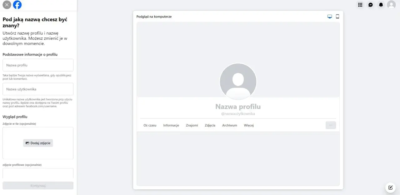 Tworzenie nowego profilu na Facebooku: wpisz nazwę profilu i nazwę użytkownika, dodaj zdjęcie w tle i profilowe. Podgląd na komputerze.