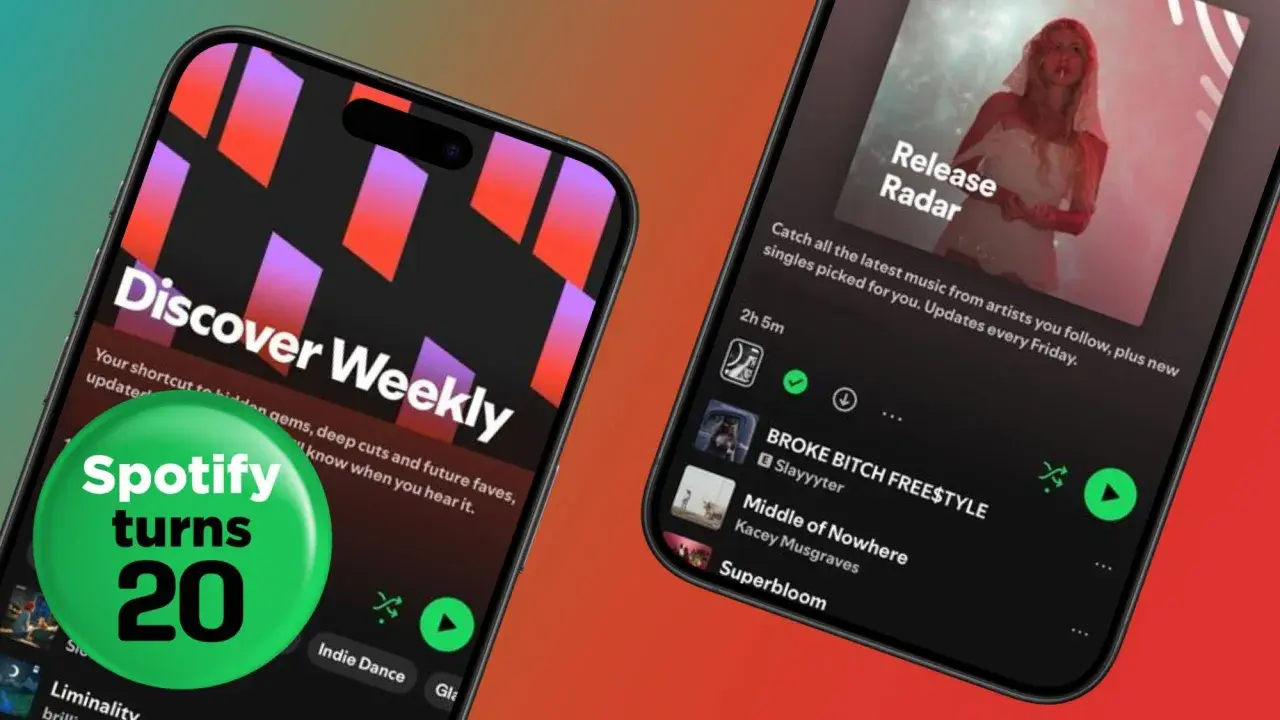 Two phones display Spotify playlists: "Discover Weekly" and "Release Radar." A green circle celebrates "Spotify turns 20.