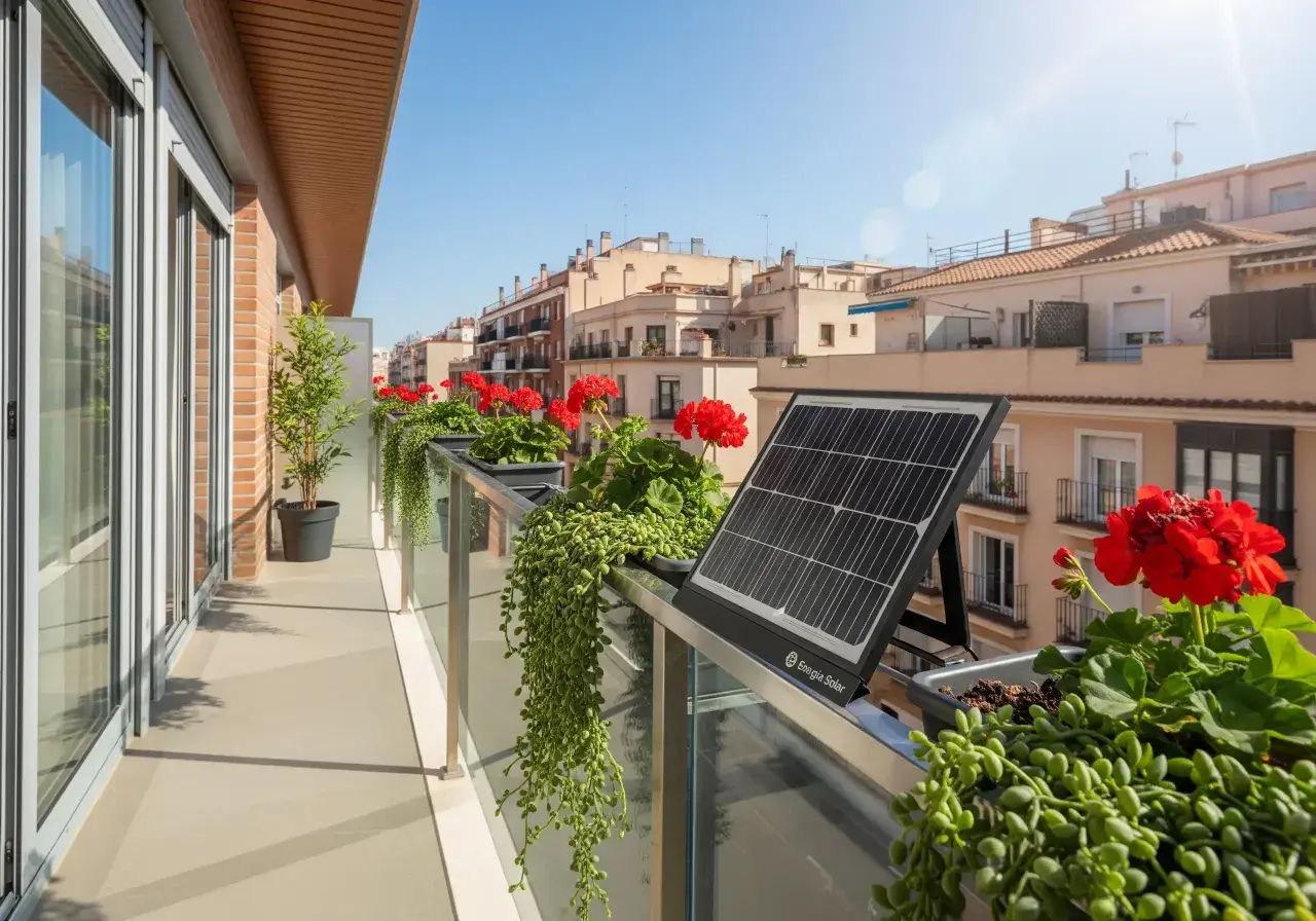 Balcón con plantas rojas y verdes, y una placa solar sin legalizar.