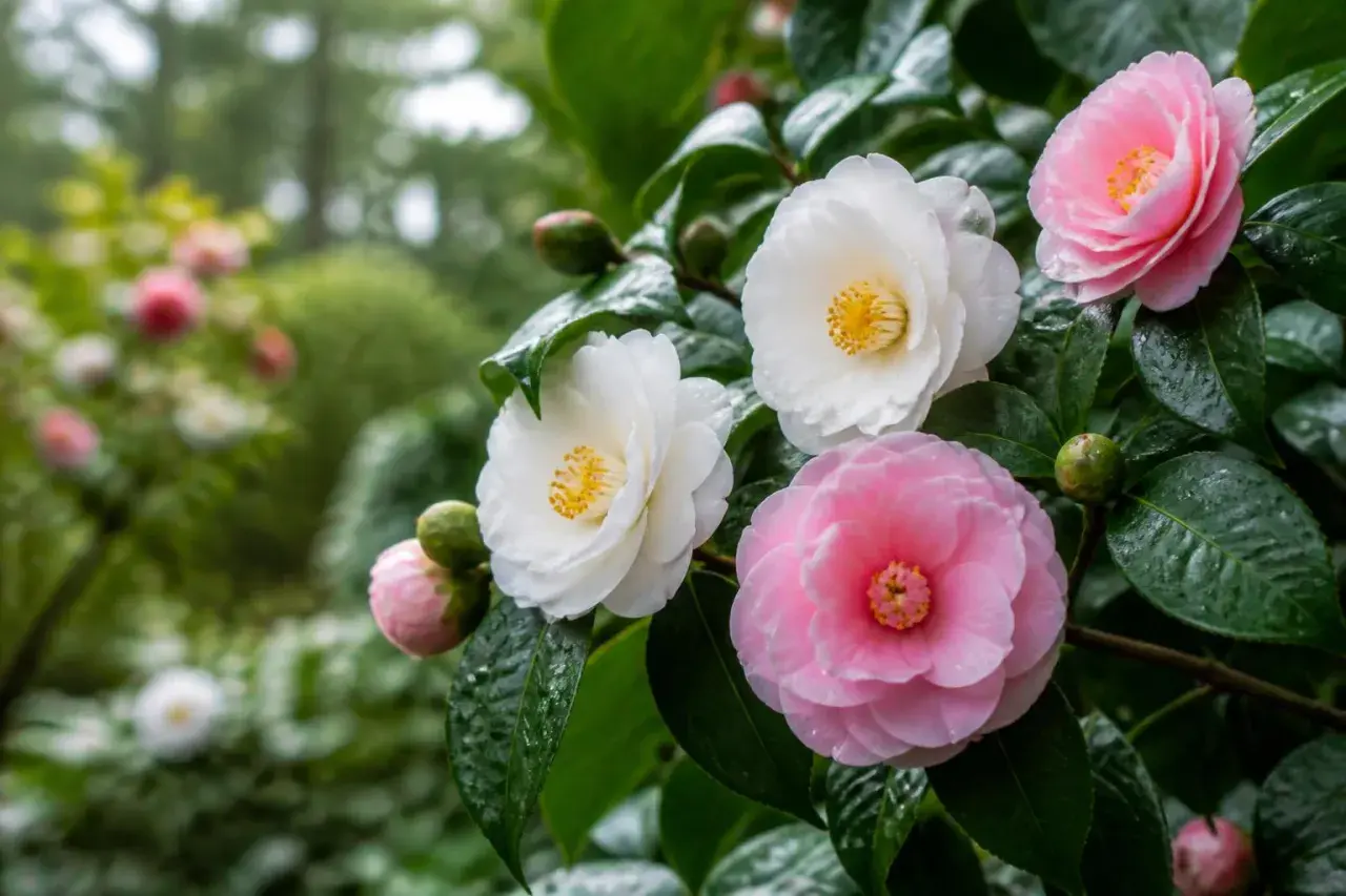 Fleurs de camélia roses et blanches épanouies dans une plantation. Les feuilles vertes et humides entourent les bourgeons.