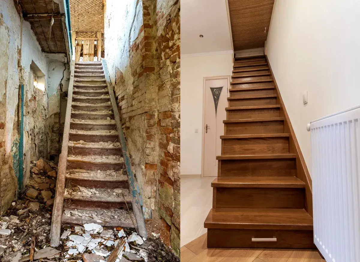 Vorher-Nachher-Vergleich: Eine verfallene Holztreppe wurde erfolgreich renoviert und erstrahlt nun in neuem Glanz.