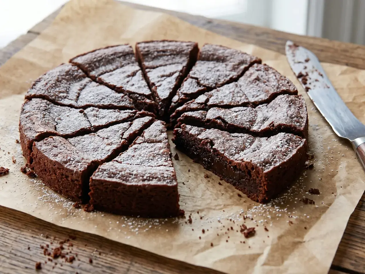 En saftig kladdkaka, pudrad med florsocker, skuren i bitar på bakplåtspapper. En kniv ligger bredvid, redo att skära fler bitar av denna härliga kladdkaka.