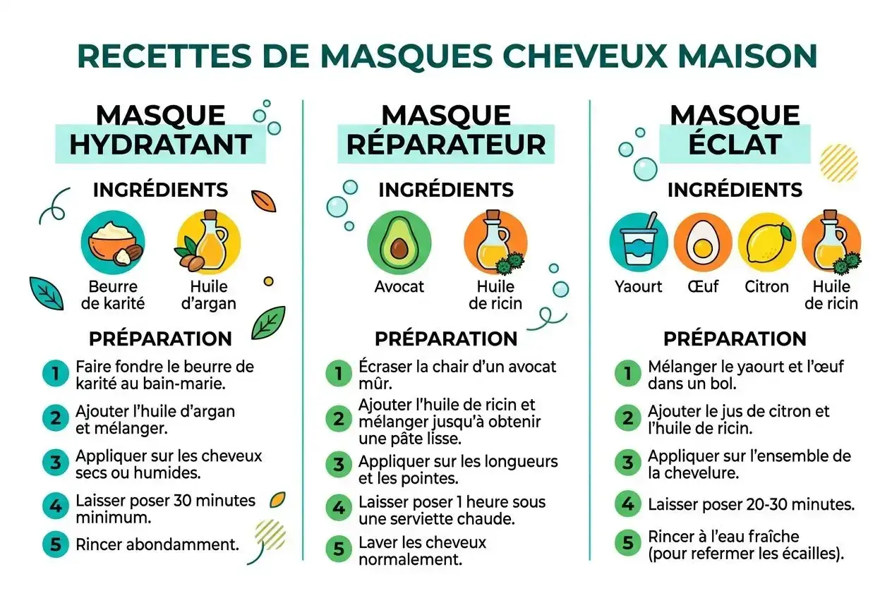 Recettes de masque cheveux maison : hydratant (karité, argan), réparateur (avocat, ricin), éclat (yaourt, œuf, citron, ricin).