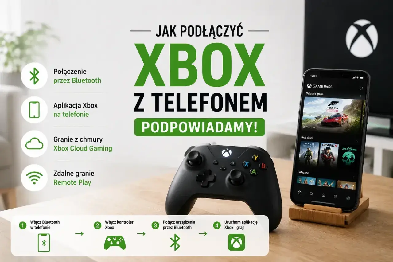 Pad Xbox, telefon z aplikacją Game Pass i konsola Xbox na tle.
