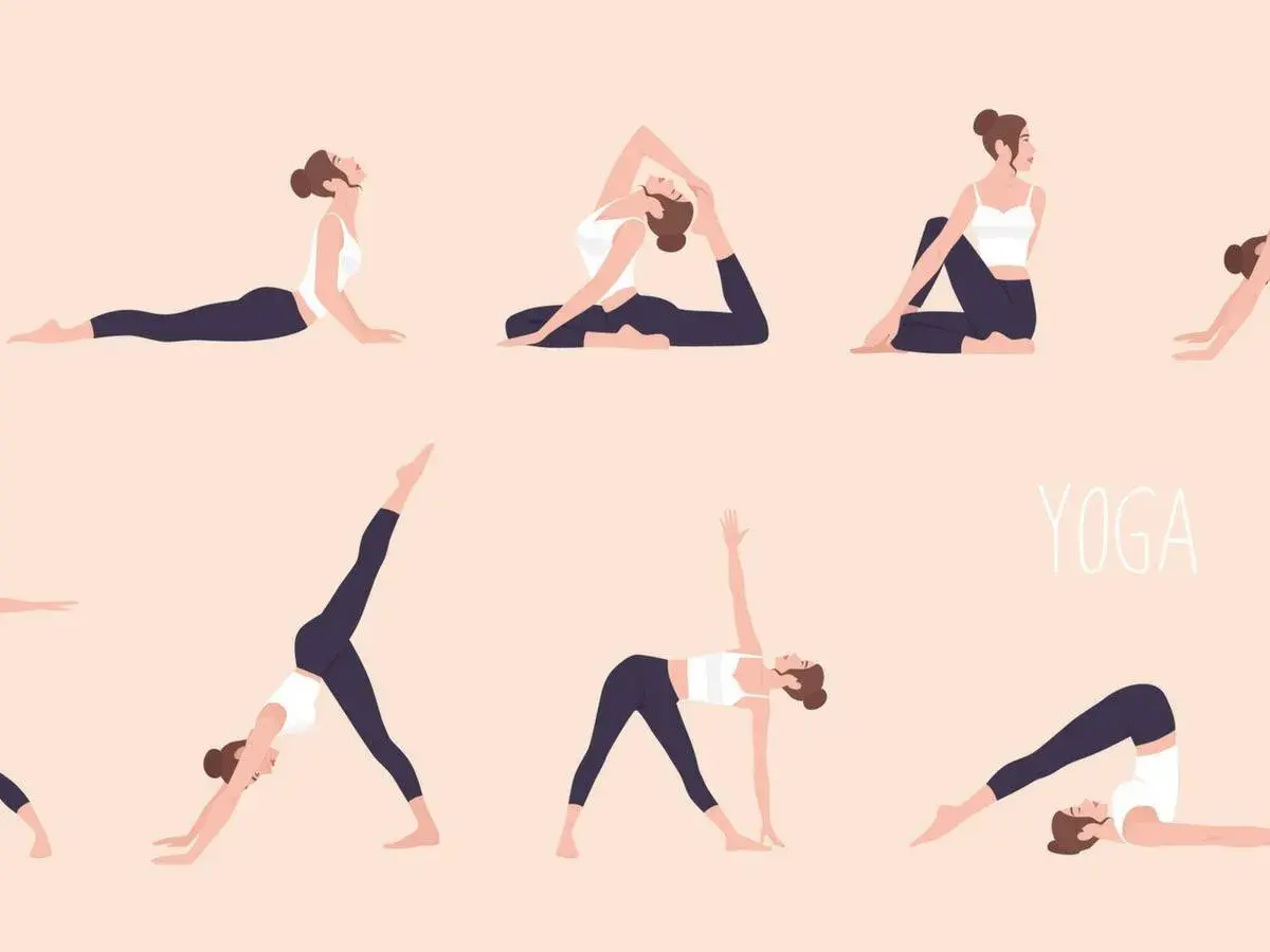 Illustrazione di donne che praticano diversi esercizi di hatha yoga, mostrando flessibilità e calma.