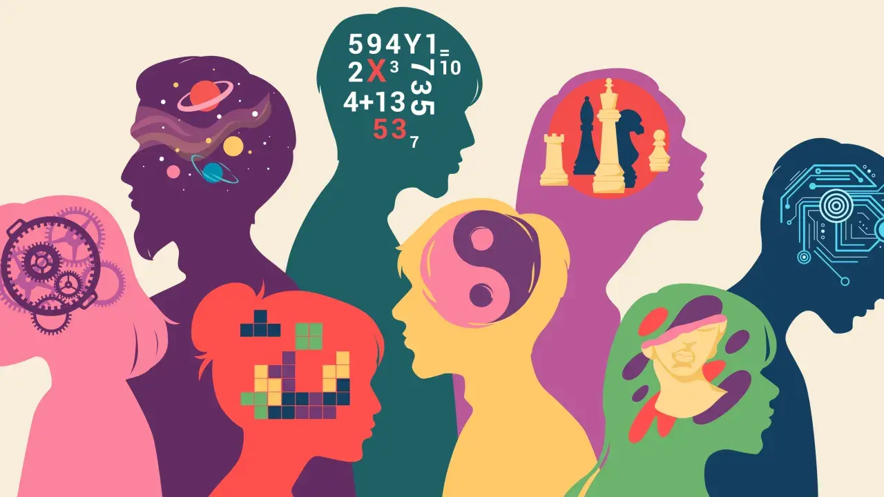 Bunte Silhouetten von Köpfen, die unterschiedliche Denkweisen zeigen: Universum, Zahlen, Schach, Yin & Yang, Pixel. Ist ADHS eine Krankheit?