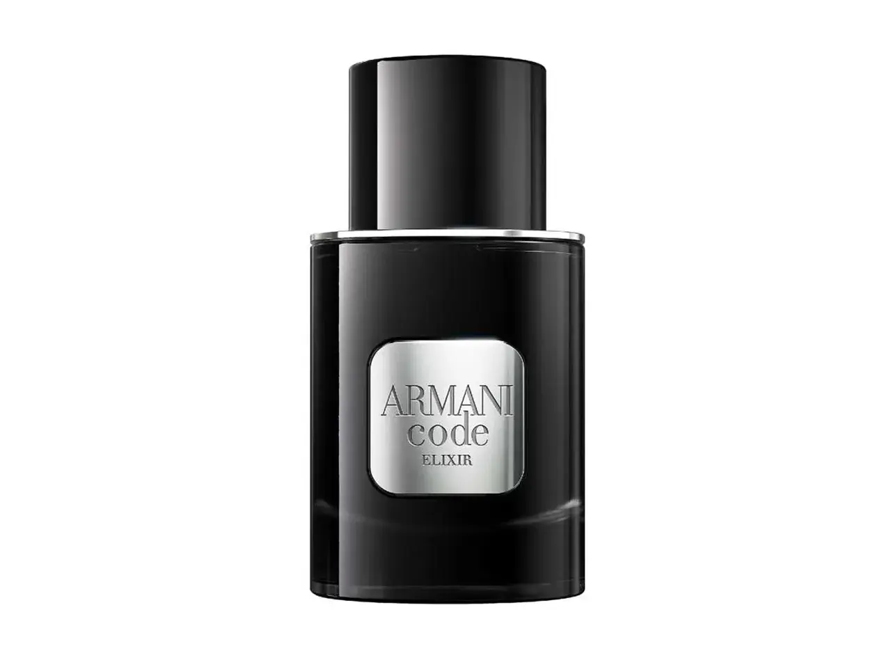Elegancka, czarna butelka Armani Code Eau de Toilette z metaliczną etykietą "ELIXIR".
