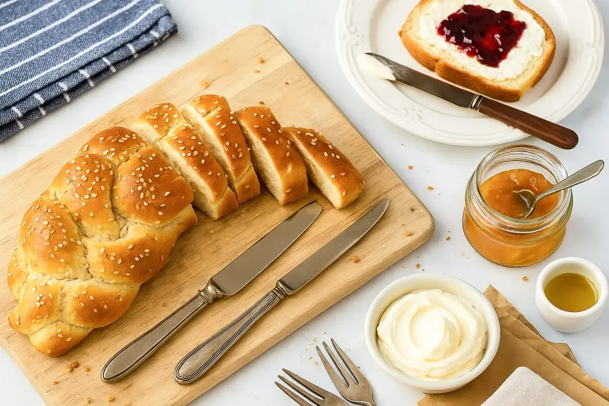 Pane intrecciato dorato con semi di sesamo, affettato su un tagliere di legno, pronto per essere gustato con marmellata e burro.