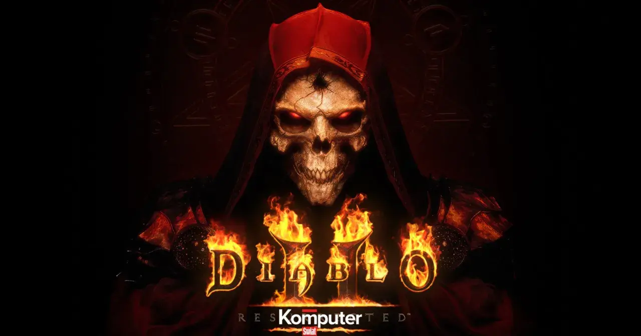 Diablo II Resurrected: przerażająca czaszka w czerwonym kapturze, płomienie i mroczne symbole.