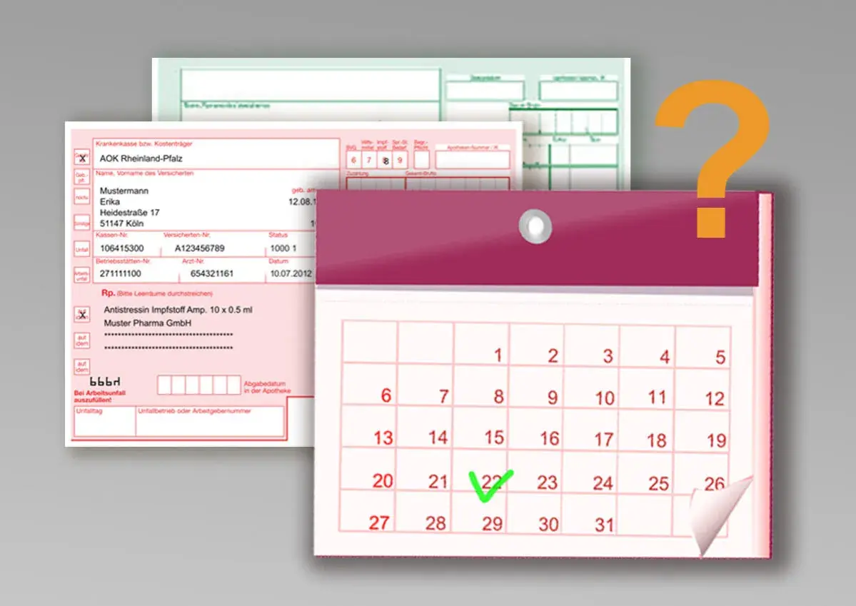 Rezept und Kalender mit markiertem Datum, daneben ein Fragezeichen.