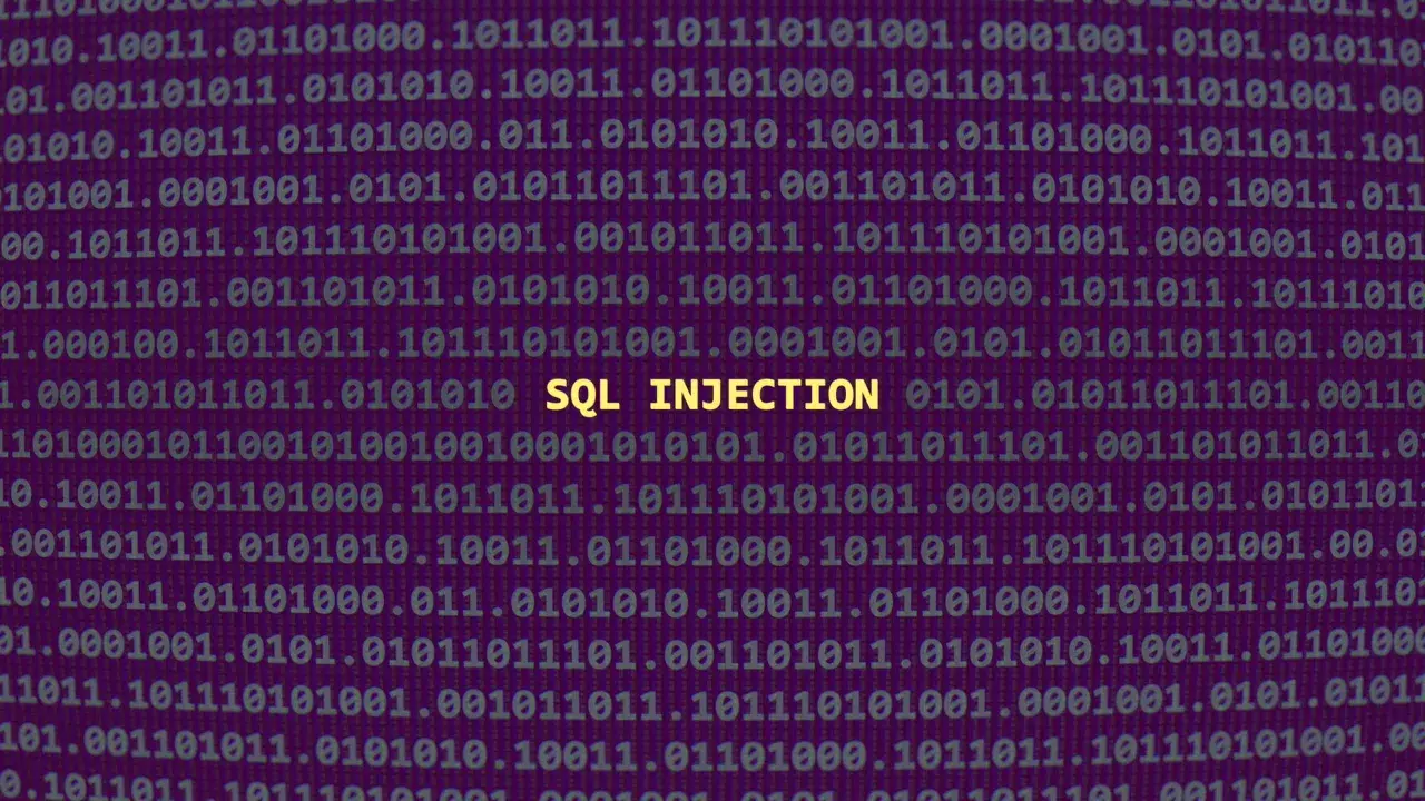 Code binaire avec le terme "SQL INJECTION" en surbrillance, signalant une vulnérabilité potentielle.