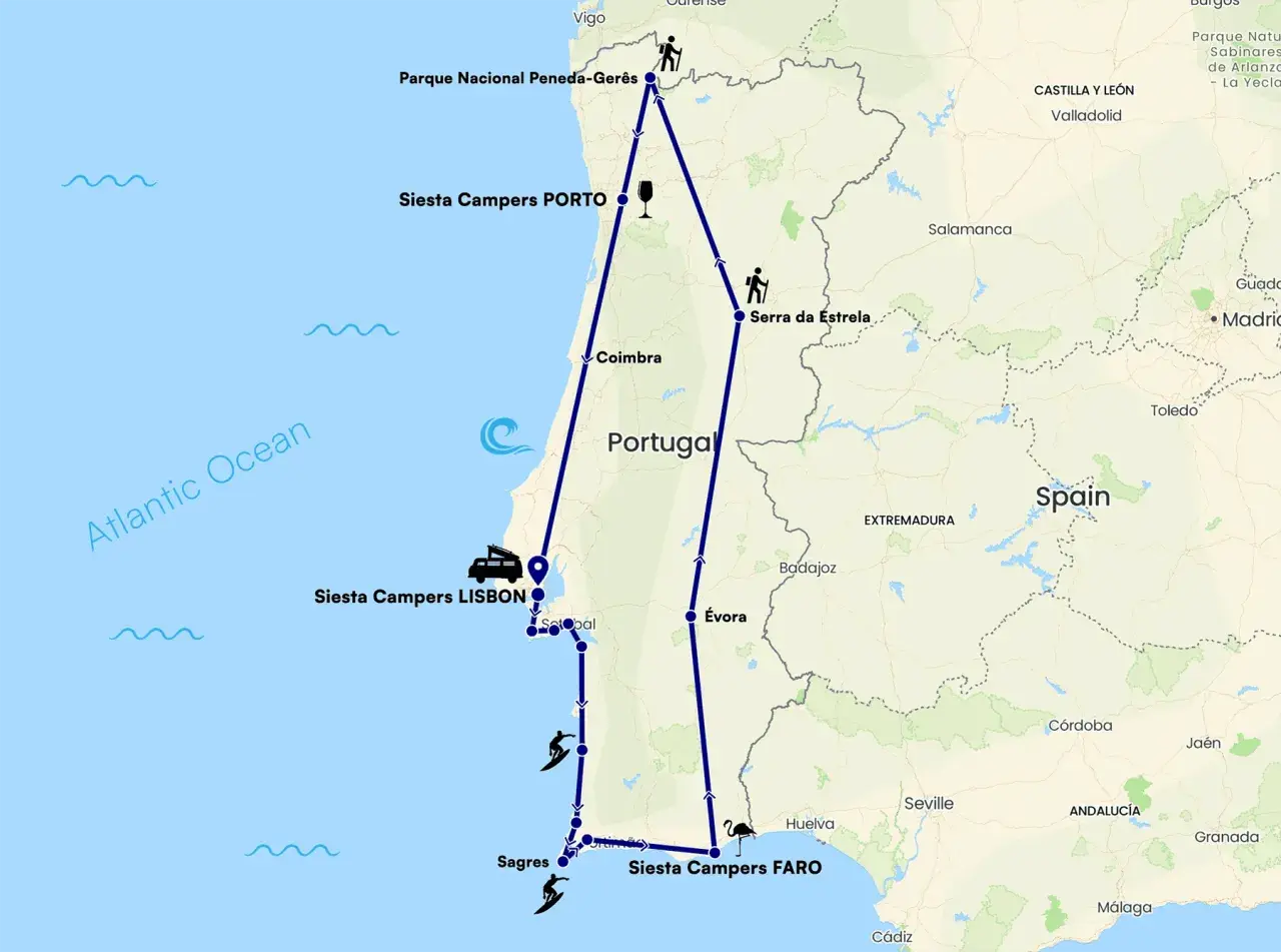 Die Portugal Route führt von Porto über Serra da Estrela und Lissabon bis nach Faro. Highlights sind Nationalparks und Küstenorte.