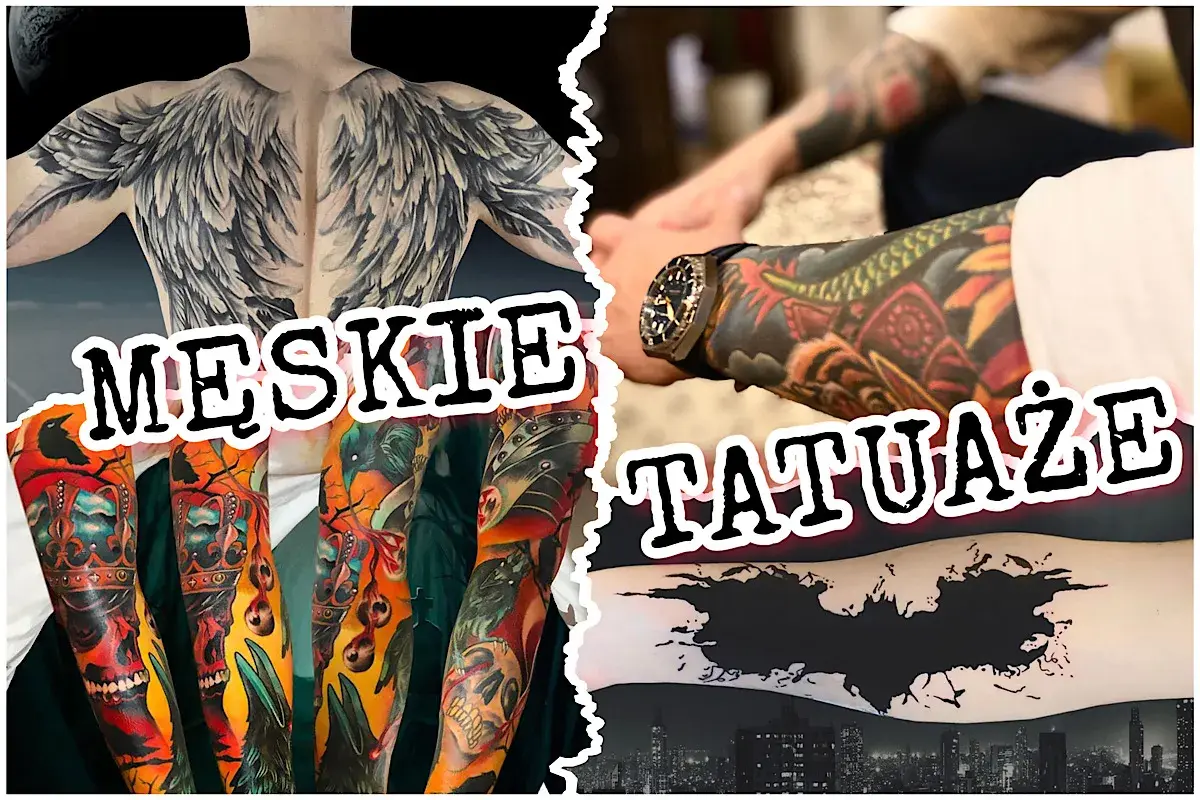 Męskie tatuaże na udzie: skrzydła anioła, czaszki, smoki i symbol Batmana.