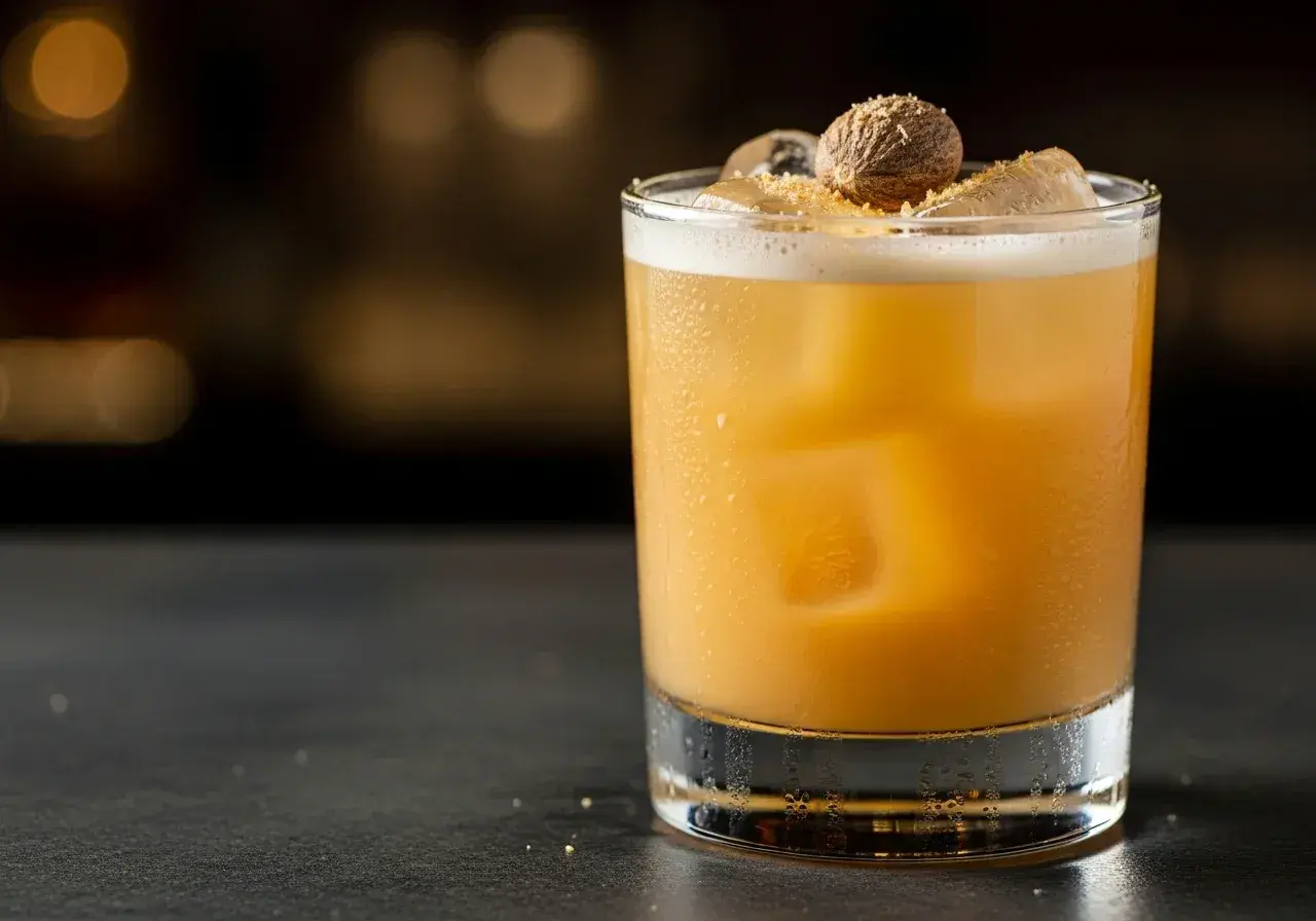 En gyllene drink med is, toppad med muskotnöt. En perfekt "painkiller drink" för en avslappnad kväll.