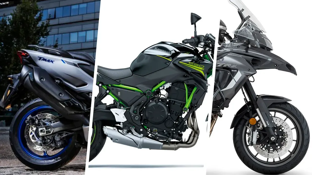 Tres motos: una Yamaha TMAX, una Kawasaki Z650 y una Benelli TRK. La Kawasaki Z650, con su motor de 650cc, es ideal para el carnet A2.
