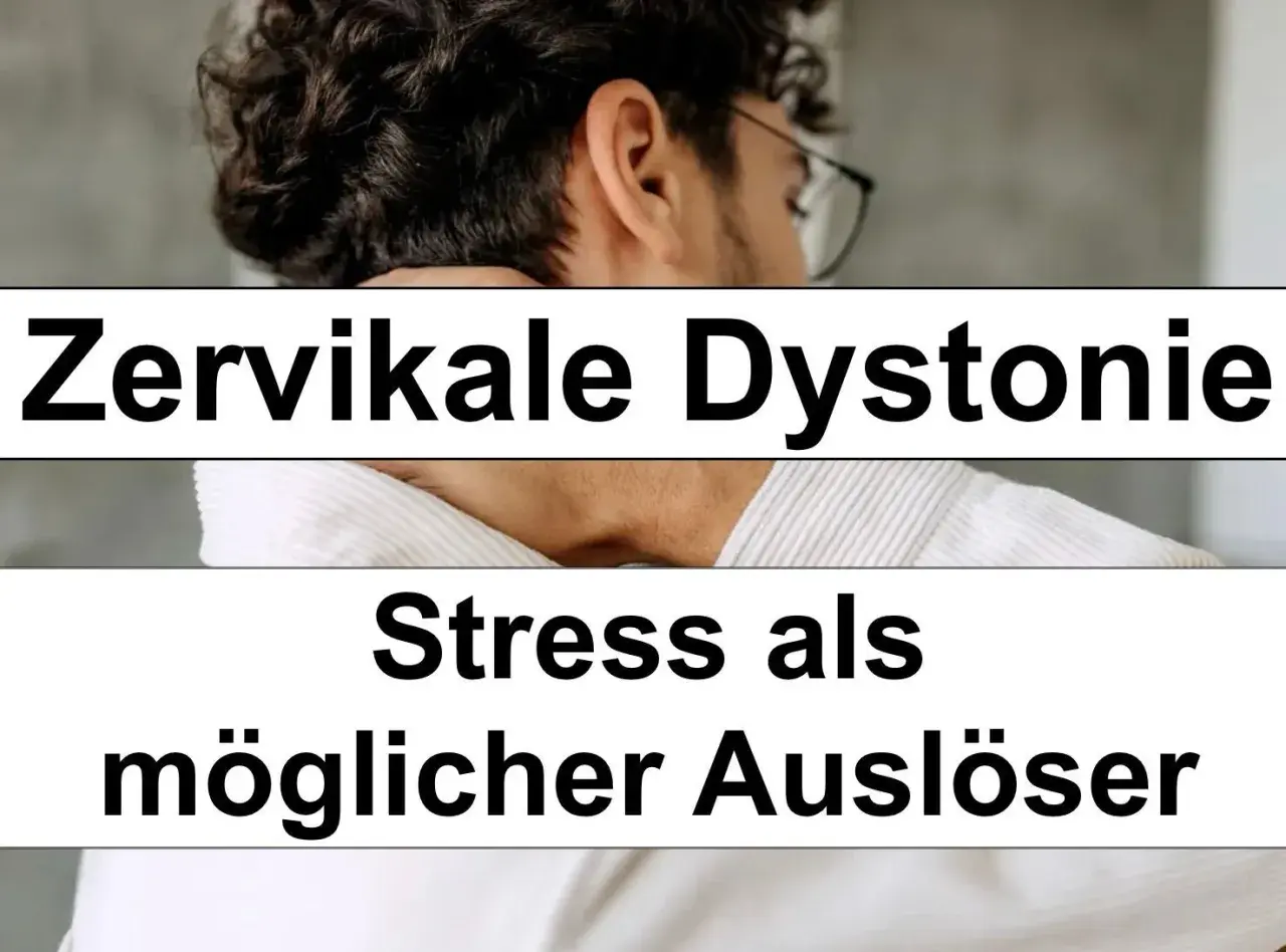 Mann mit Nackenbeschwerden, die auf zervikale Dystonie (Torticollis spasticus) hindeuten. Stress als möglicher Auslöser.