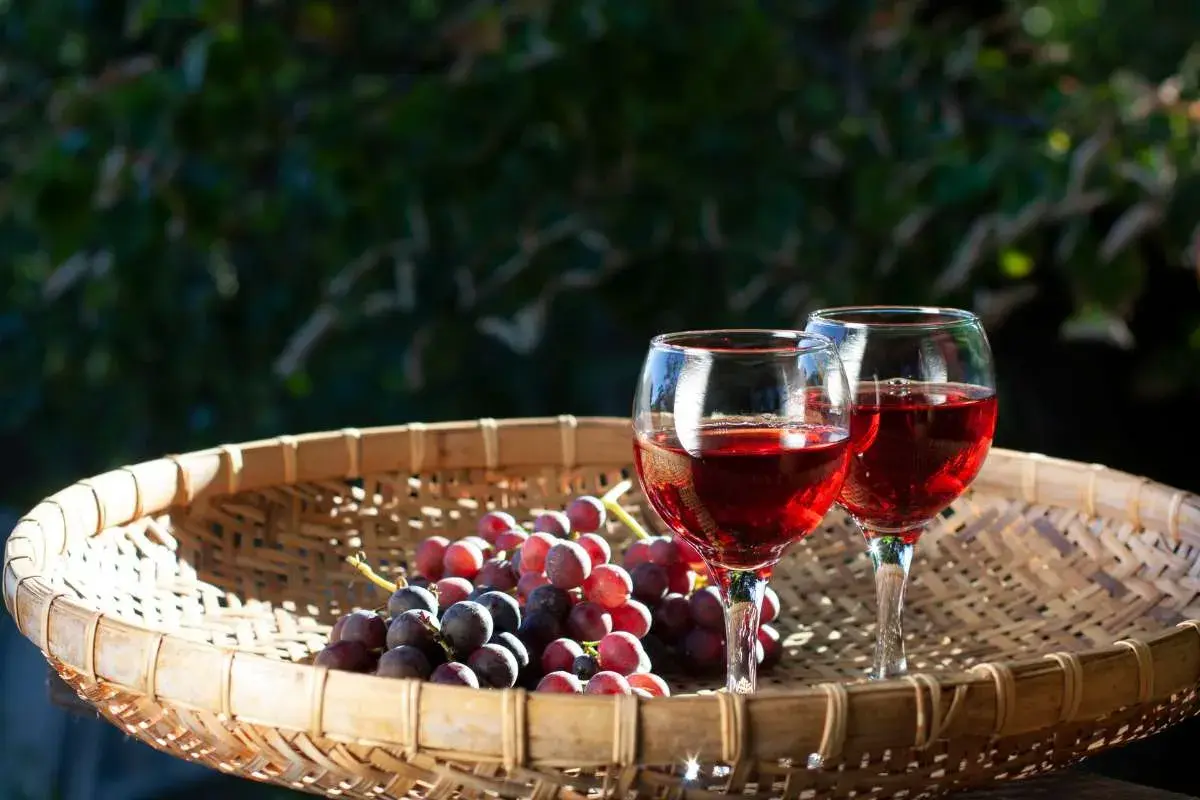 Due calici di vino rosso e un grappolo d'uva su un cesto di vimini, un assaggio dei vini del Salento.