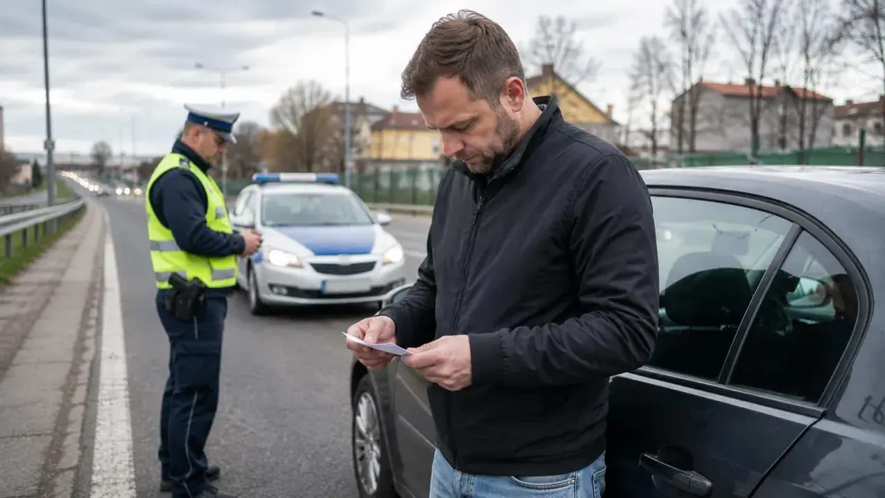 Mężczyzna czyta mandat, policjant stoi obok radiowozu. Prawdopodobnie czeka go zatrzymanie prawa jazdy za prędkość.
