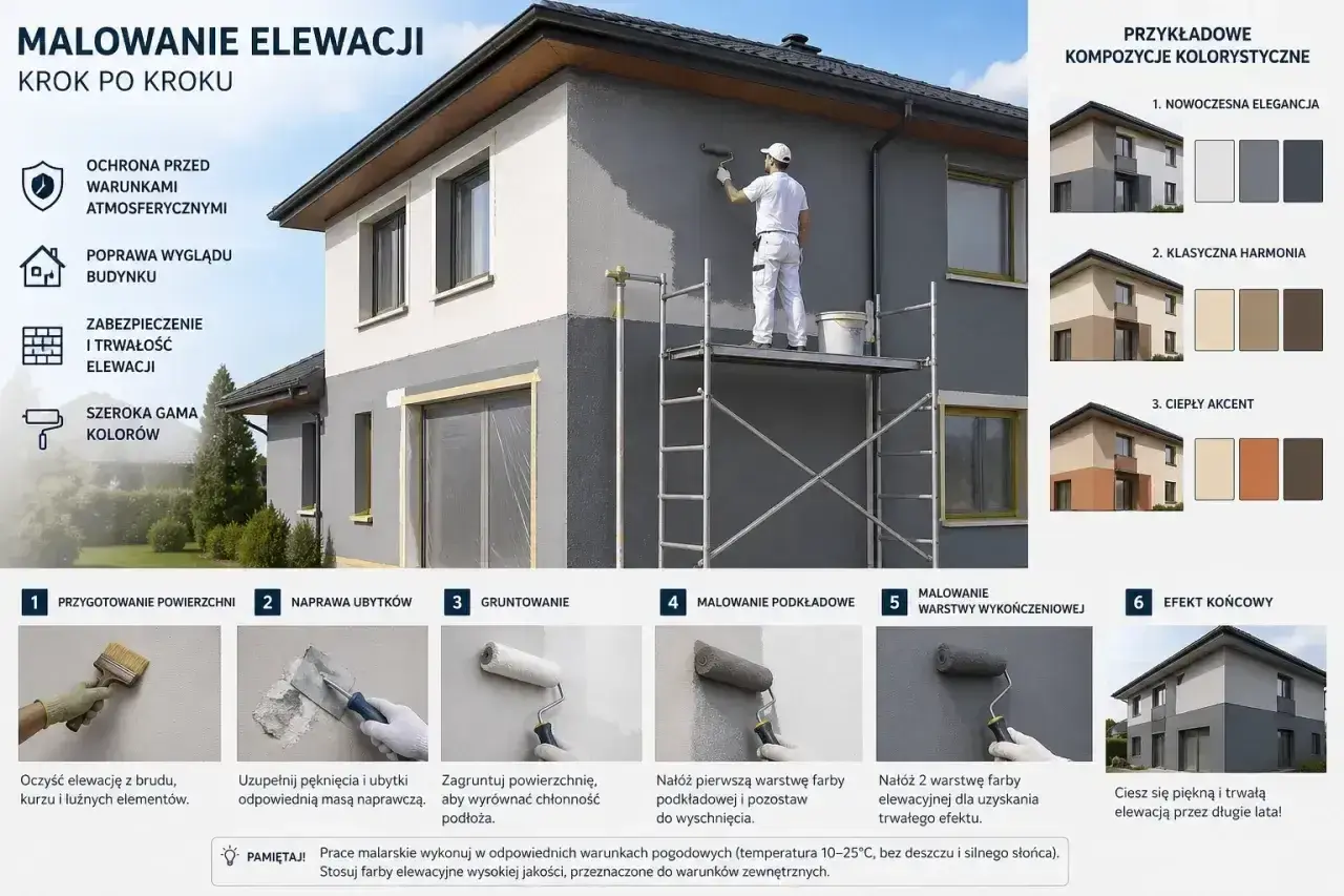Malowanie elewacji krok po kroku: przygotowanie, gruntowanie, malowanie podkładowe i wykończeniowe. Efekt końcowy to piękny, trwały dom.