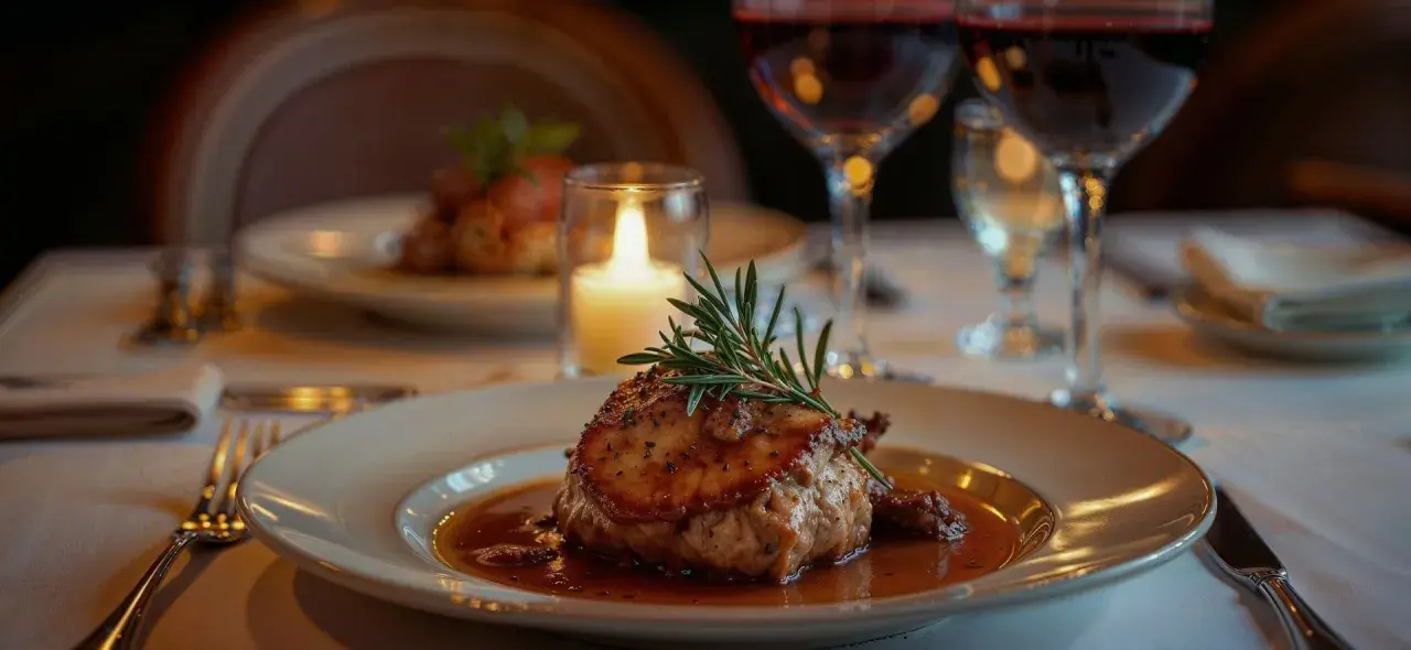 Ein festliches Abendessen mit einem zarten Stück Fleisch, garniert mit Rosmarin, und zwei Gläsern Rotwein. Perfekt, um sich zu fragen, welcher Rotwein zum Wild kochen passt.