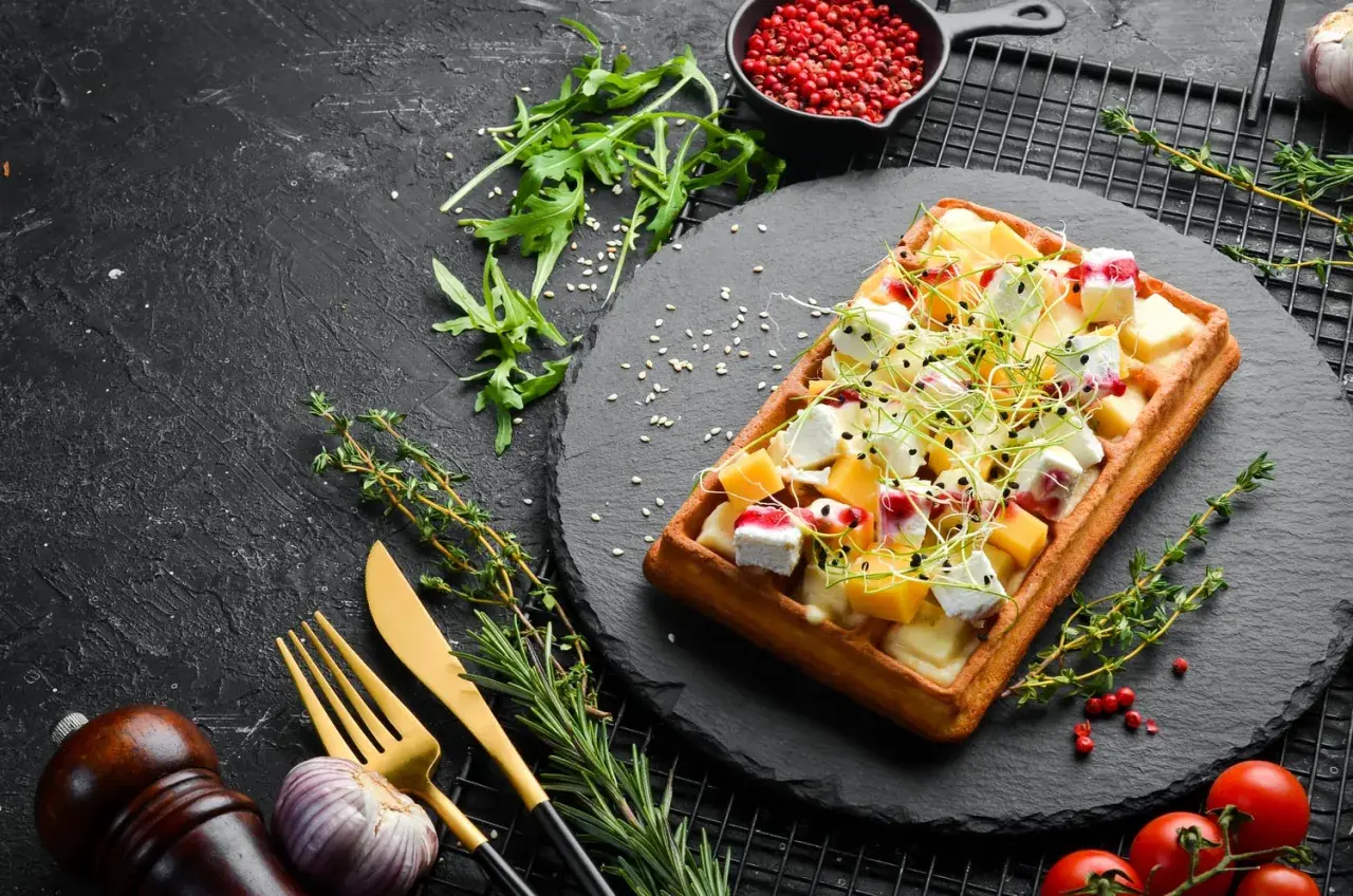 Gaufre salée garnie de fromage, de dés de mangue et de pousses, sur une ardoise noire.