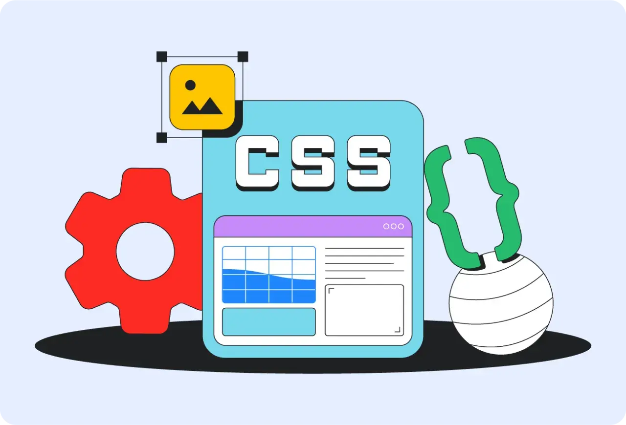 Icône d'image, engrenage rouge, fenêtre avec "CSS" et un tableau, et accolades vertes. Illustration du code CSS.