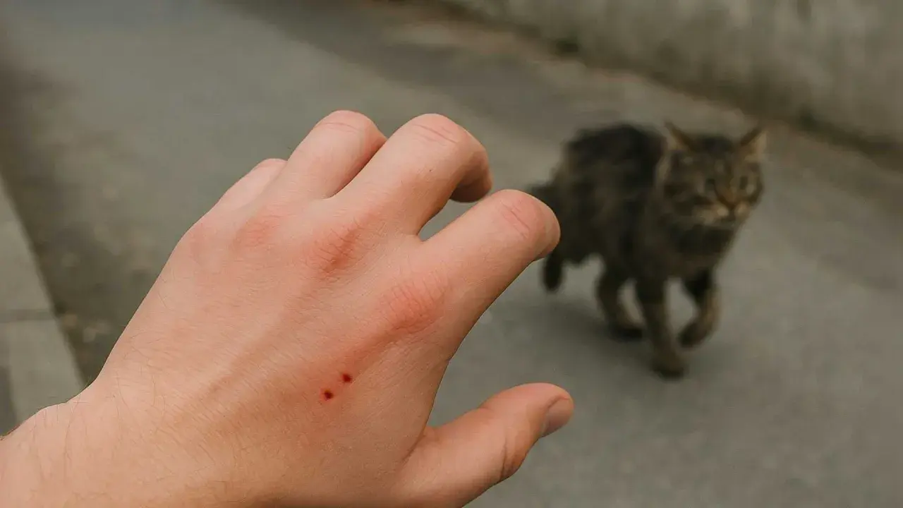 Mano con dos pequeñas heridas rojas, evidencia de una mordedura de gato. El felino se aleja desenfocado al fondo.