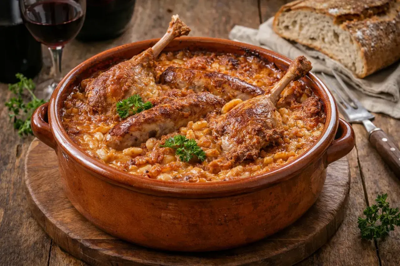 Un plat de cassoulet maison, riche et savoureux, avec des confits de canard et des saucisses, servi dans une cocotte en terre cuite.