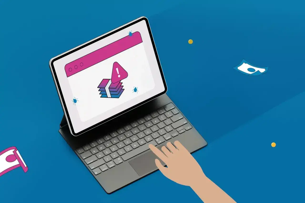 Ręka klika w tablet z ostrzeżeniem o błędach i ikoną kyc. Wokół leżą monety i banknoty.