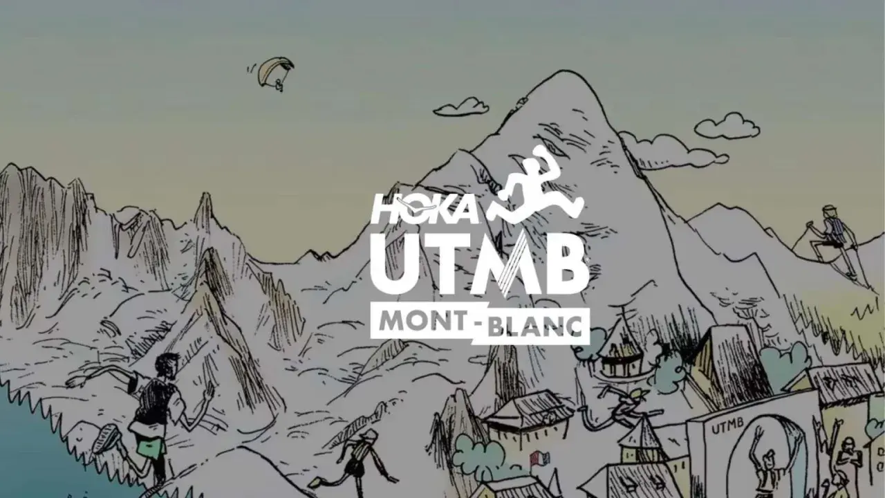 Dessin stylisé de coureurs et d'un parapentiste dans un paysage montagneux, avec le logo UTMB Mont-Blanc. Le nombre de participants à l'UTMB est impressionnant.