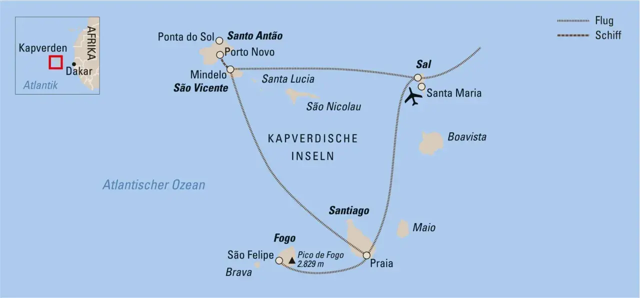 Karte der Kapverdischen Inseln mit Routen für Flug und Schiff. Ideal für Kapverden Backpacking.
