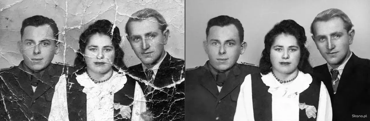 Przed i po retuszu starych zdjęć online. Para na zniszczonym i odnowionym portrecie.