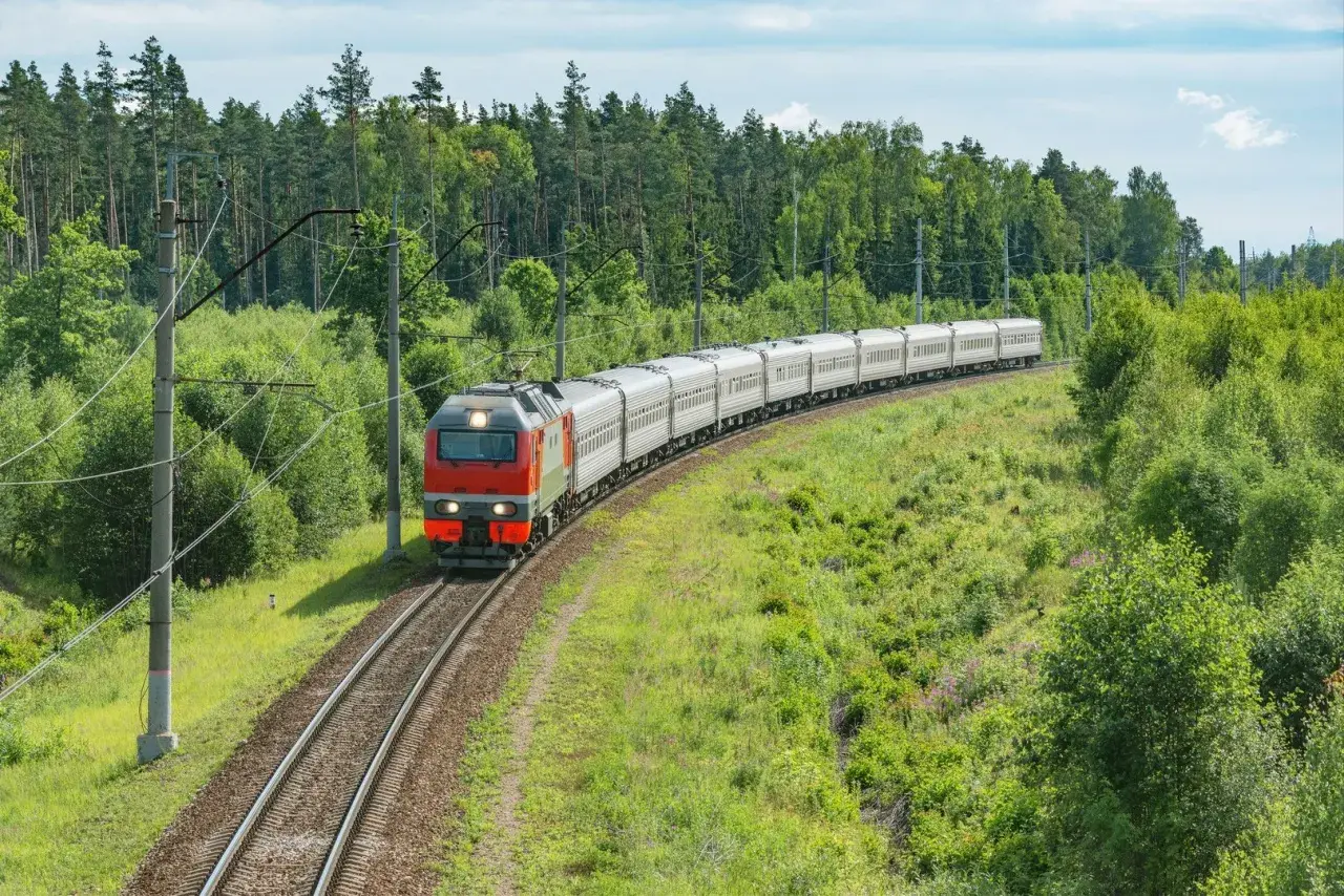 Pociąg TLK z czerwoną lokomotywą jedzie po torach wśród zielonych drzew i krzewów.