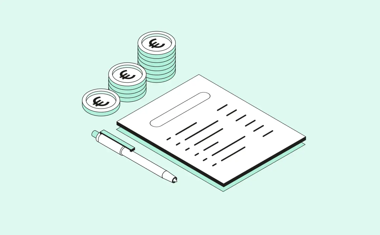 Stapel Euro-Münzen neben einem Dokument und Stift, bereit für den Handelsregister Eintrag.