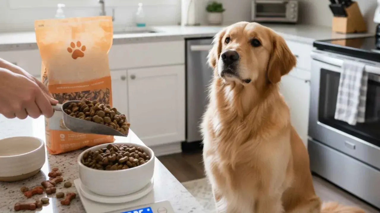 Golden retriever espera pacientemente mientras se mide la cantidad de comida para cachorro.