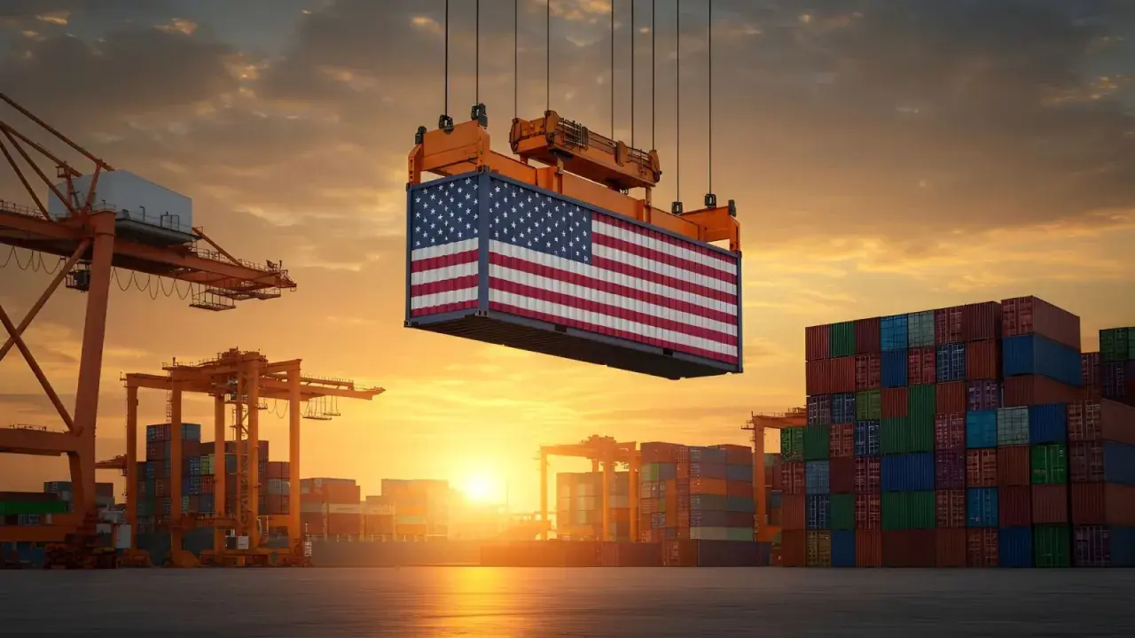Kontener z flagą USA podnoszony przez dźwig w porcie. W tle stosy kontenerów i zachodzące słońce. Maszyny budowlane z USA pracują w porcie.