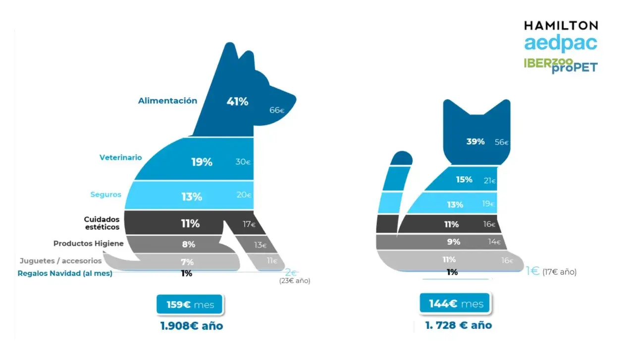Gráfico muestra cuánto cuesta mantener un perro en España: alimentación (41%), veterinario (19%), seguros (13%), etc.