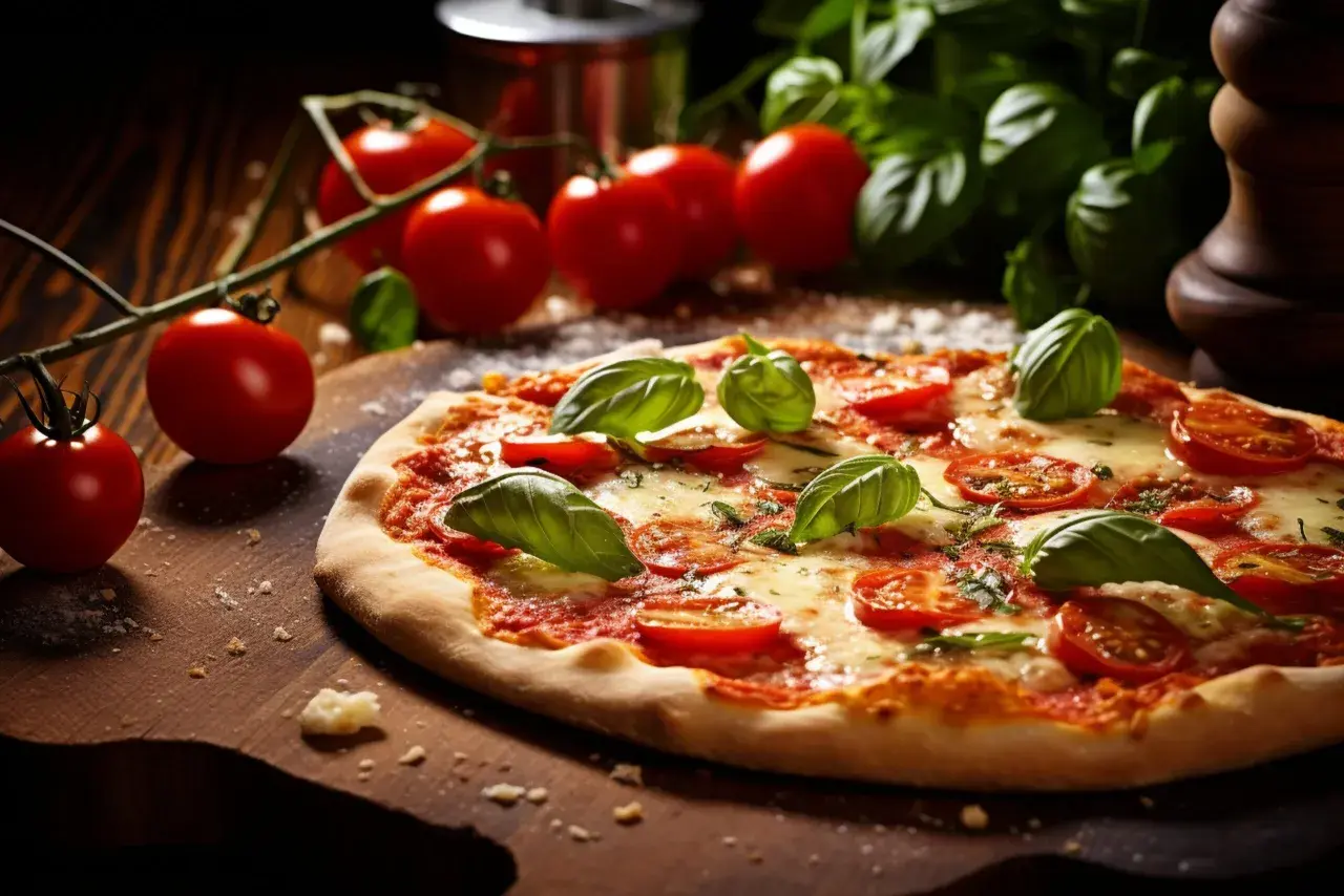 Pyszna pizza z pomidorami i bazylią, klasyka włoskich dań, na drewnianej desce.