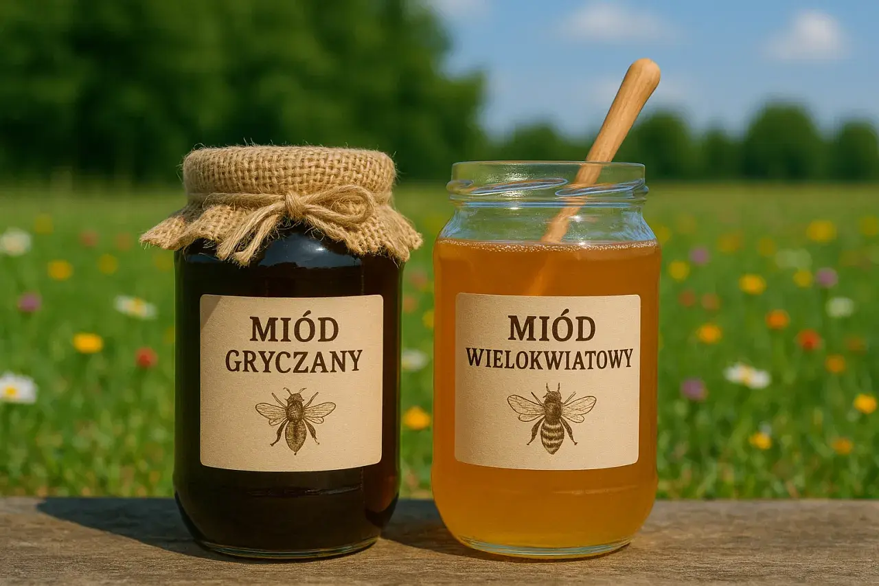 Dwa słoiki miodu na tle łąki. Czy miód wielokwiatowy jest dobry? Tak, jest pyszny i naturalny!