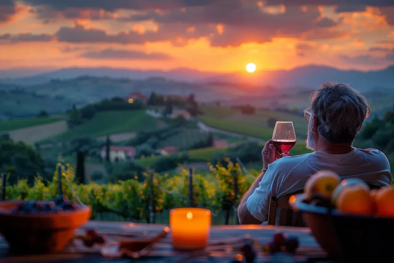 Uomo con bicchiere di vino rosso ammira tramonto su vigneti, pensando alle migliori annate Masseto.
