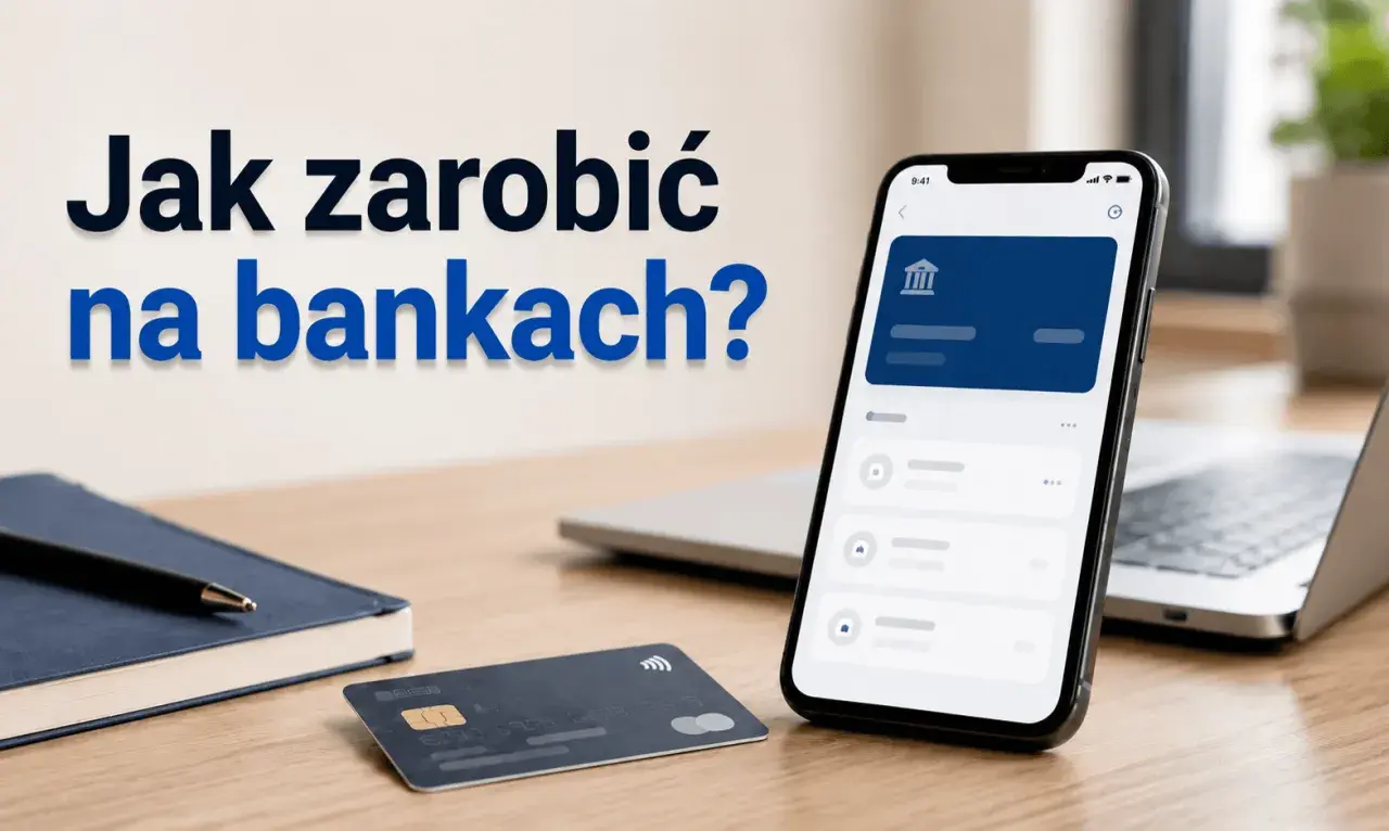 Jak zarobić na bankach? Smartfon z aplikacją bankową, karta płatnicza i notatnik na biurku sugerują strategie finansowe.