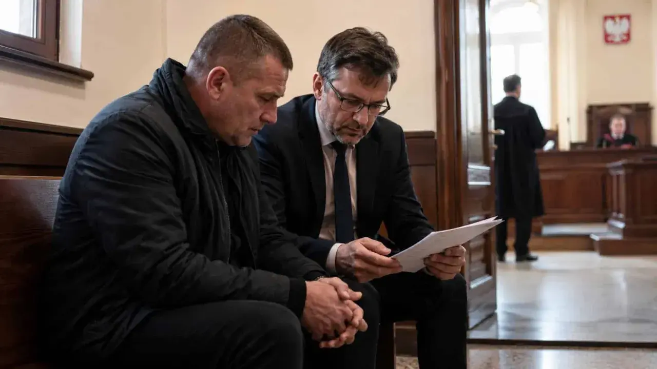 Dwóch mężczyzn w sądzie, jeden w czarnej kurtce, drugi w garniturze, analizuje dokumenty. W tle sędzia i ławnicy. Czy to kolejna recydywa?