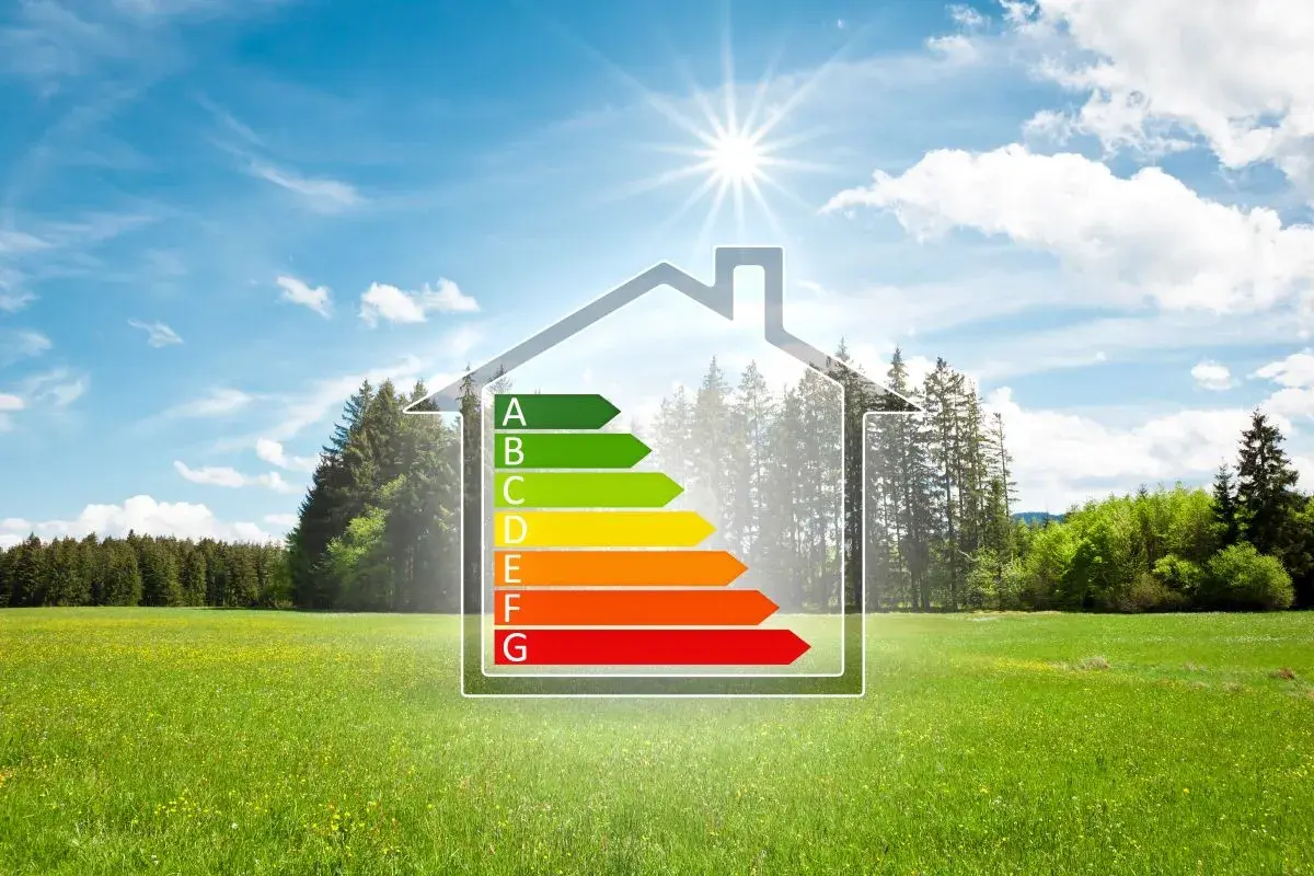 Casa con classe energetica A, simbolo di edilizia sostenibile, immersa in un prato verde sotto un cielo azzurro.